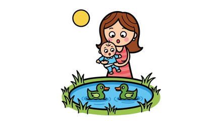 Cartoon of mother and baby looking at ducks in a pond under a bright yellow sun in the sky