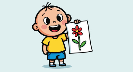 Cartoon boy proudly displaying a drawing of a flower with red petals and green leaves on white paper