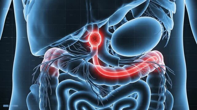 Anatomical Illustration of Human Digestive System Highlighting a Tumor in Red Color with Blue Tones for Medical Awareness