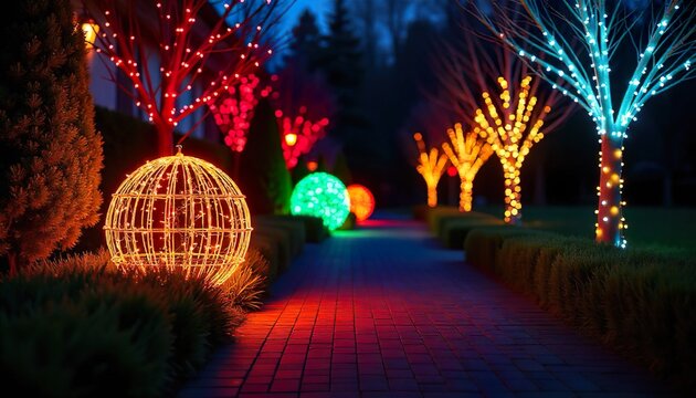 Illuminated garden walkway at night, multicolored glowing spheres, twinkling fairy lights, serene and festive scene