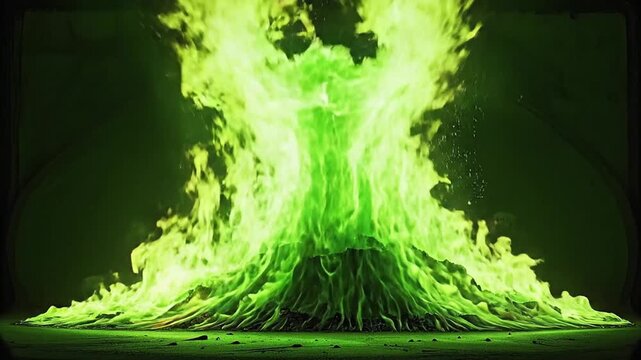 Green fire burning with a human silhouette amidst the flames, symbolizing power, transformation, and primal energy