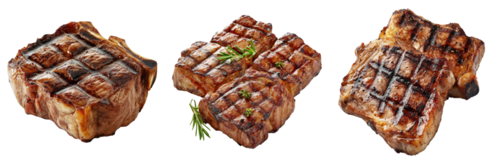 Deliciously grilled steaks, ready to be served. The steaks are perfectly cooked with visible grill marks. 