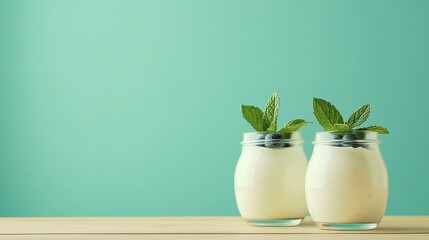 Glass jars of plain yogurt with fresh blue berry on top with mint on wooden surface bright background.