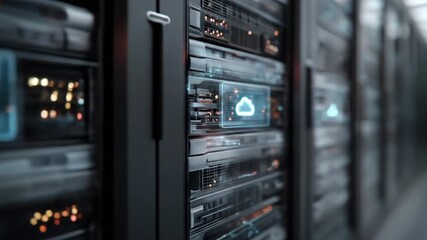 Futuristic data center with glowing cloud icons and abstract light trails - Powered by Adobe