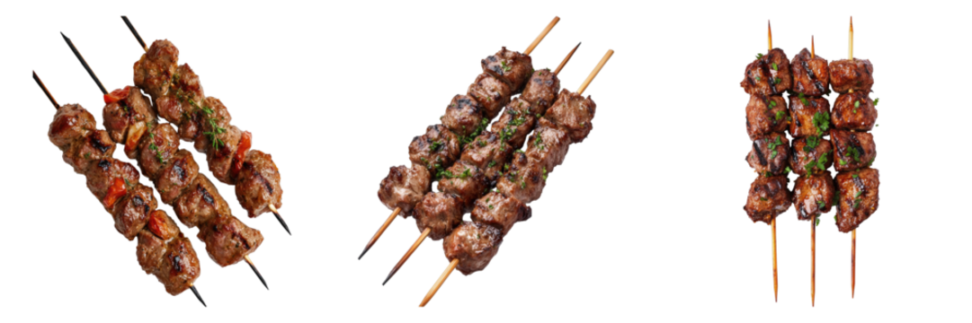 A close-up shot of grilled meat skewers, featuring succulent pieces of meat seasoned to perfection