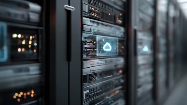 Futuristic data center with glowing cloud icons and abstract light trails - Powered by Adobe