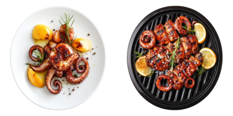 Grilled octopus and potatoes on white plate next to another grilled octopus with lemon slices 