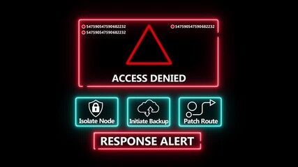 Access denied response notification on digital interface in data center server room with isolate node initiate backup patch route options.computer hacking attack warning message .4k video - Powered by Adobe