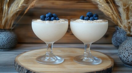 Glass of plain yogurt with fresh blue berry on top with mint on wooden surface.