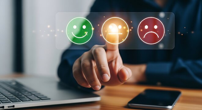 Person selecting neutral face on feedback screen survey