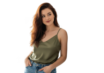 Young woman in olive green camisole isolated on transparent background