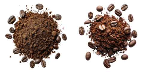 Two piles of fresh coffee with coffee beans around. The ground coffee is full of rich aroma