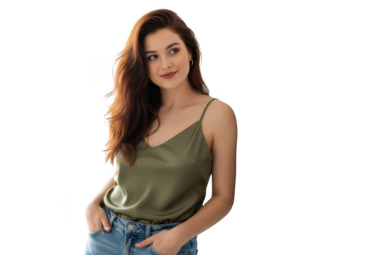 Young woman in olive green camisole isolated on transparent background