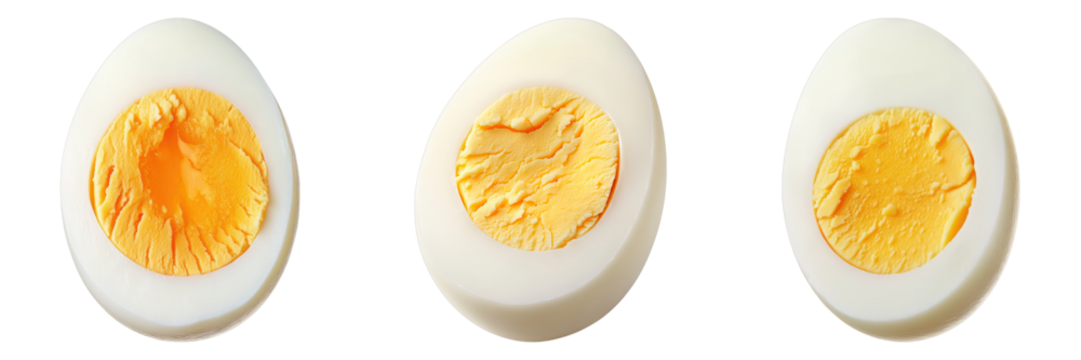 Three halves of a boiled egg, featuring a bright yellow yolk and a smooth egg white