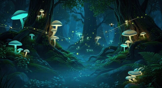 Glowing mushrooms in a dark forest magical fantasy illustration perfect for storybook or fairytale designs