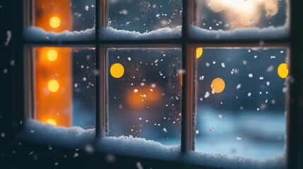 Snowy window with warm light inside
