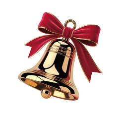 a glossy golden Christmas bell with red ribbon bow on top 
