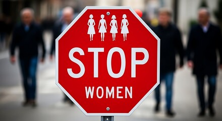 Red stop sign with women figures white
