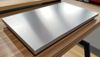 Fototapeta premium Smooth Silver Metal Plate on Wooden Surface with Modern Minimalist Design Elements