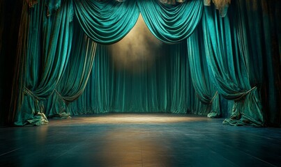 Empty theater stage with green velvet curtains, illuminated by a spotlight, creating a dramatic atmosphere. The scene offers space for text or creative elements, making it suitable, Generative AI