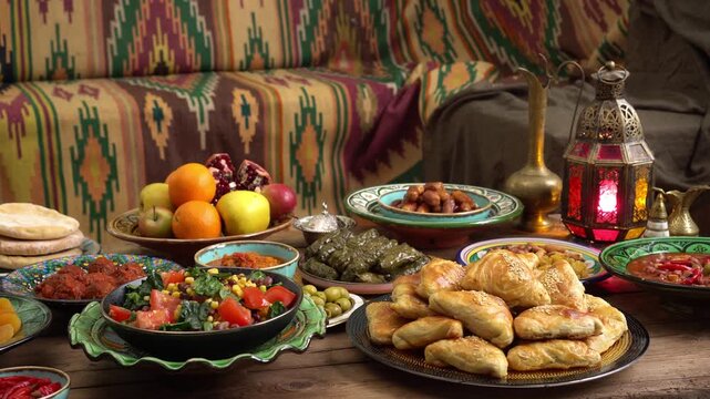 Ramadan food. Traditional oriental festive national ethnic Halal dishes on the table