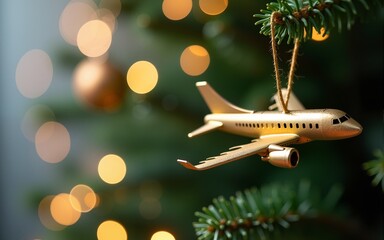 A toy golden airplane hangs on a Christmas tree, background with copy space. Concept: New Year, Christmas decorations, holiday celebrations, for airline, travel agency. High quality
