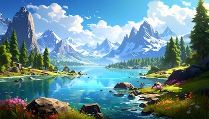 Beautiful painting of a mountain lake landscape with stunning natural elements