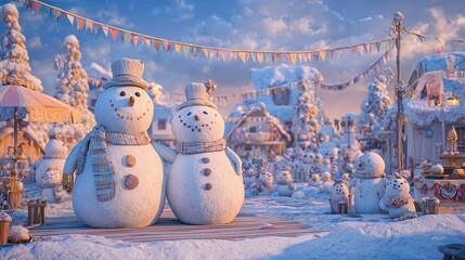 Charming Pixelated Snowmen in a Festive Winter Village Under a Twilight Sky with Snowy Scenery
