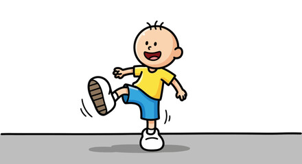 Cartoon boy with yellow shirt and blue shorts kicking his leg up in the air with a big smile