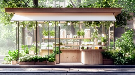 A bright, modern storefront with a glass facade, showcasing fresh vegetables and jars of goods, nestled amongst abundant green foliage.