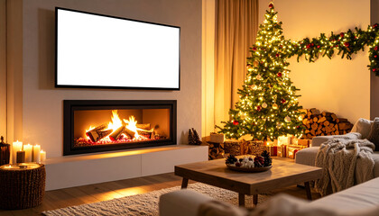 Cozy Christmas Living Room with Fireplace and Blank TV Screen