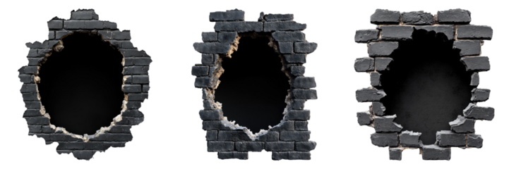 Three bullet holes in a brick wall, showcasing impact and damage. The dark interiors of the holes create a stark contrast with the surrounding bricks