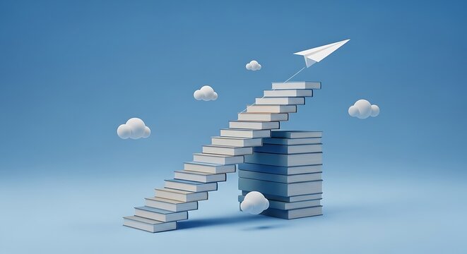 Ascending books paper airplane clouds stairs blue sky