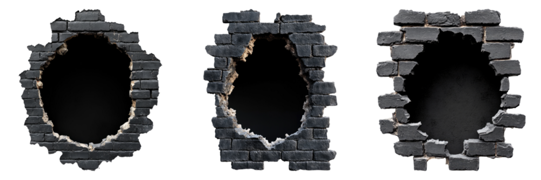 Three bullet holes in a brick wall, showcasing impact and damage. The dark interiors of the holes create a stark contrast with the surrounding bricks