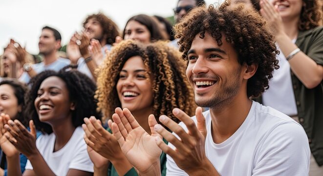 Diverse Crowd of Happy People Cheering and Applauding Enthusiastically Together
