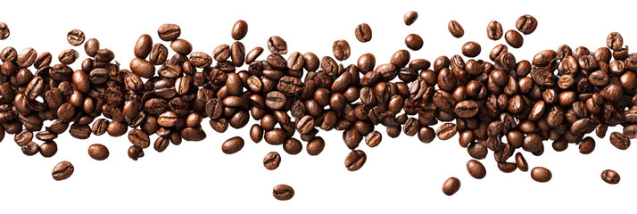 Coffee beans scattered across a dark background
