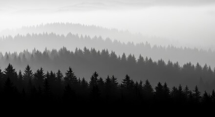 Misty forest landscape with layers of evergreen trees creating a serene and atmospheric view ideal for backgrounds and nature themes