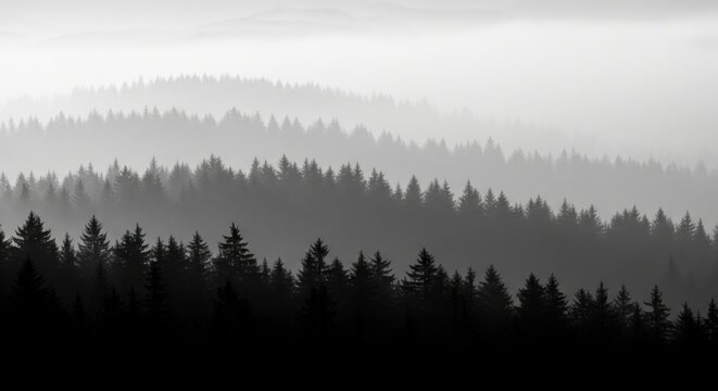 Misty forest landscape with layers of evergreen trees creating a serene and atmospheric view ideal for backgrounds and nature themes