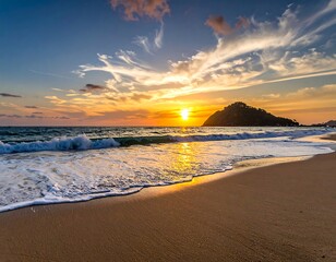 Beach scene with a vibrant sunset over the ocean and island