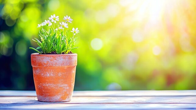 A close-up view of a terracotta pot filled with small white flowers and green leaves, set against a blurred background of sunlight and foliage.