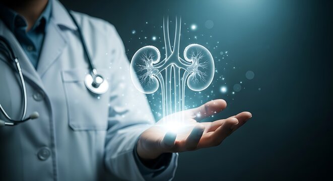 Doctor holding glowing kidney hologram stethoscope - Powered by Adobe