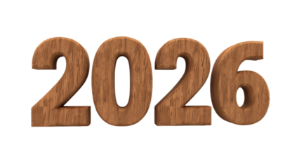 Wooden textured numbers 2026 isolated on transparent background