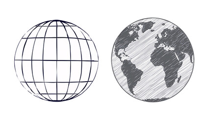 Two globes one with grid lines and one showing continents isolated on transparent background