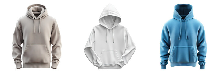 Three hoodies displayed in different colors, showcasing casual style. Each hoodie features a hood, pocket, and long sleeves