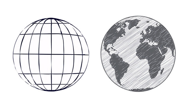 Two globes one with grid lines and one showing continents isolated on transparent background