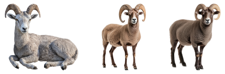 A trio of mountain sheep, each with impressive horns, captured in a studio setting. The sheep showcase distinct colorations and poses, presenting a visual study of these majestic animals.