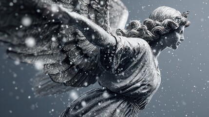 Gray Stone Angel Sculpture with Falling Snow, Detailed 3D Render