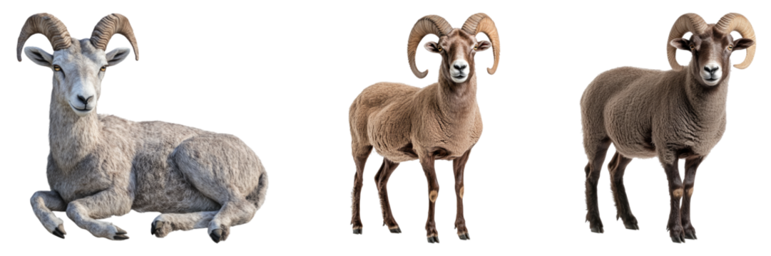 A trio of mountain sheep, each with impressive horns, captured in a studio setting. The sheep showcase distinct colorations and poses, presenting a visual study of these majestic animals.