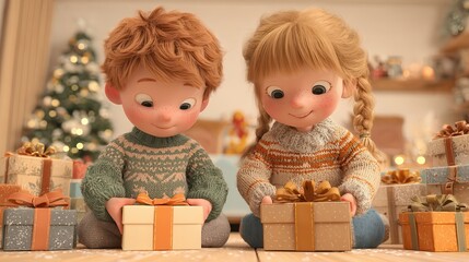Two Adorable Children Opening Christmas Gifts by a Decorated Tree