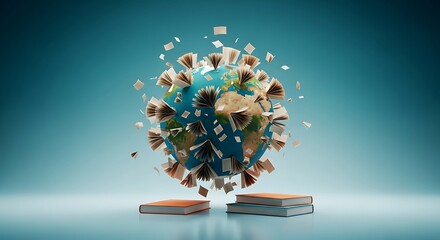 Globe covered in open books flying pages knowledge